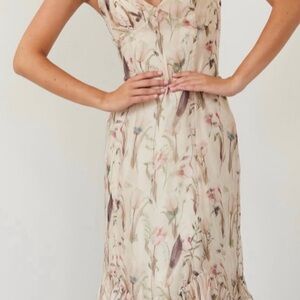Storia Beige Floral Midi Dress Cottagecore